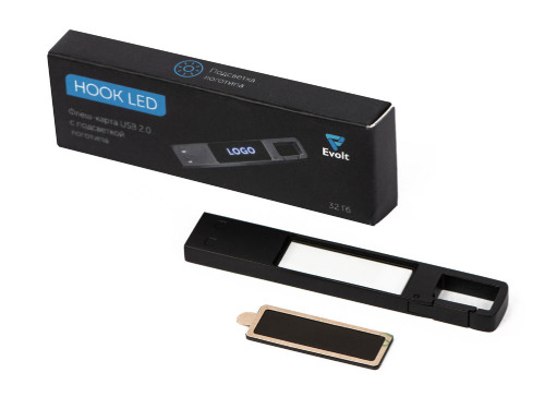 USB 2.0- флешка на 32 Гб c подсветкой логотипа Hook LED, темно-серый, синяя подсветка